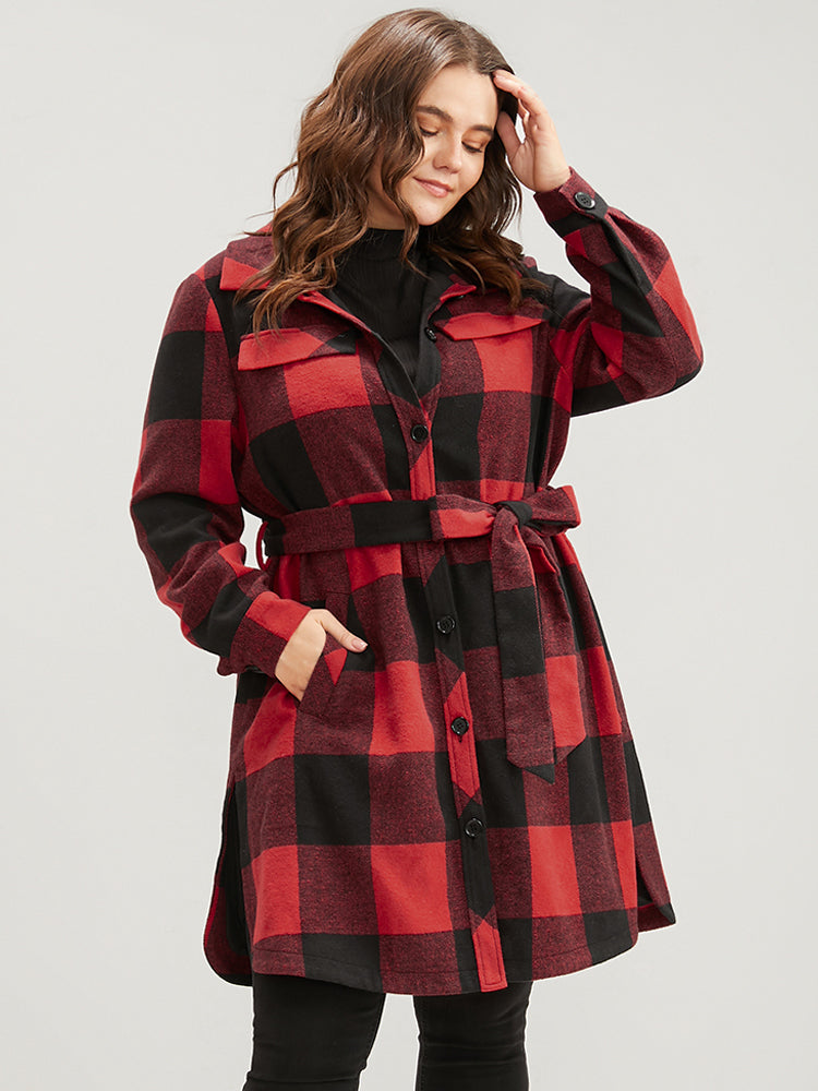 Plaid Pocket Button Up Belted Coat