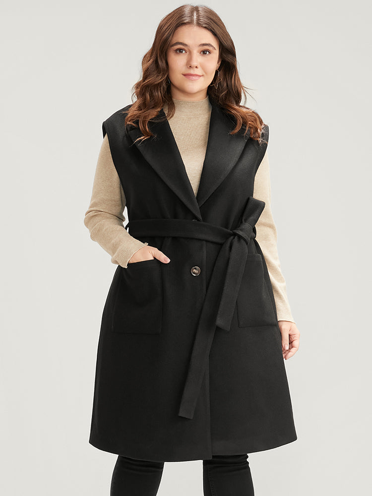 Solid Suit Collar Pocket Belted Sleeveless Coat