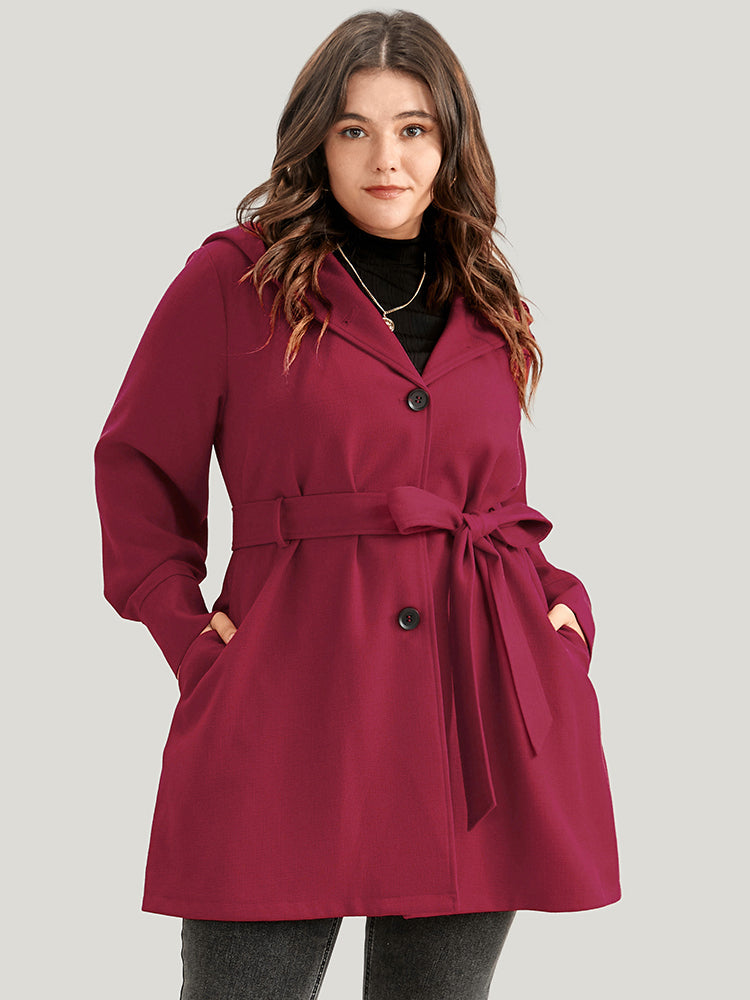 Solid Pocket Button Up Belted Hooded Coat