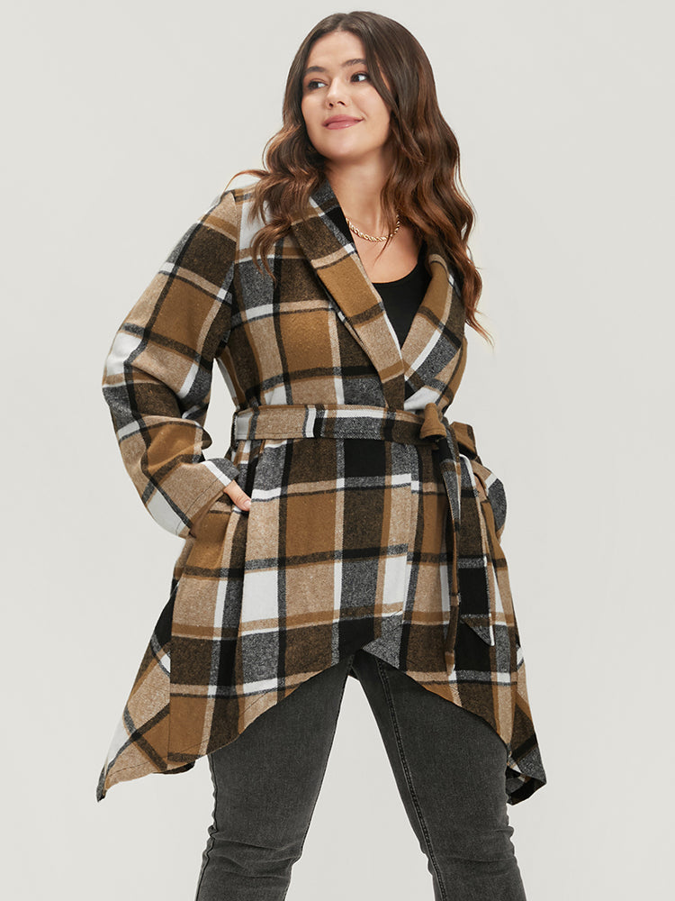 Plaid Pocket Lapel Collar Asymmetrical Hem Belted Coat