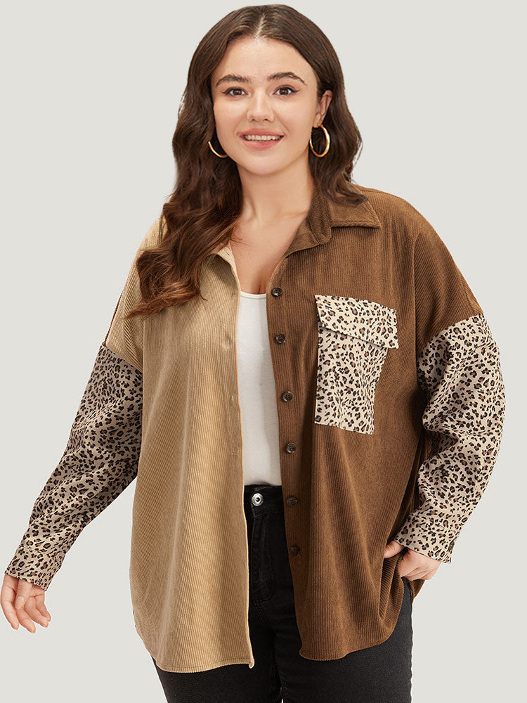 Leopard Patchwork Pocket Contrast Button Through Coat