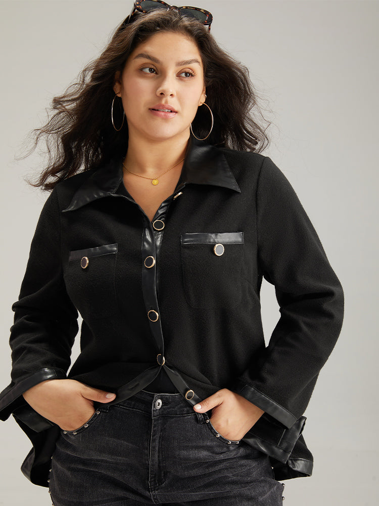 Solid Pocket PU Leather Buckle Detail Coat