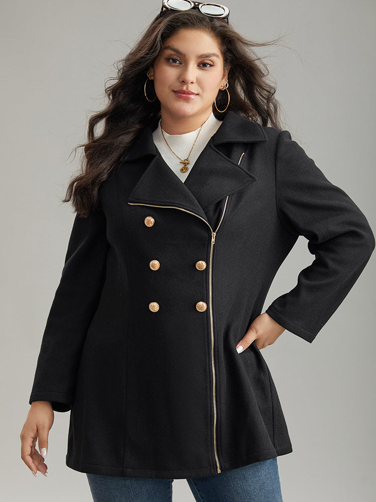 Asymmetrical Neck Buckle Detail Zipper Coat