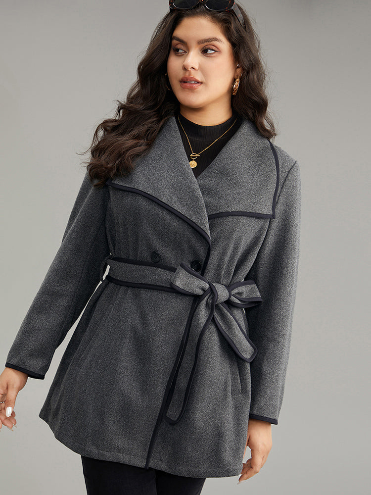 Lapel Collar Contrast Trim Belted Button Up Coat