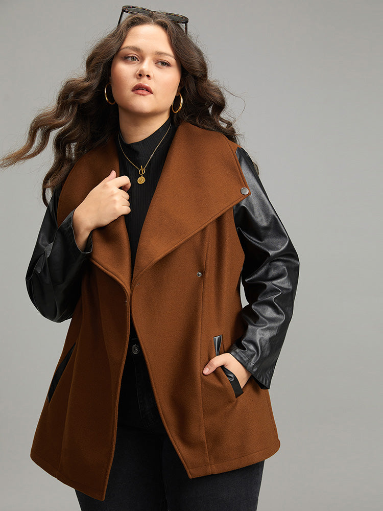 Contrast PU Leather Lapel Collar Pocket Button Up Coat