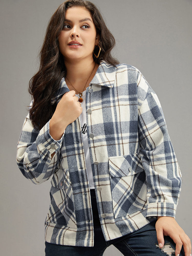 Plaid Lapel Collar Metal Detail Pocket Shacket