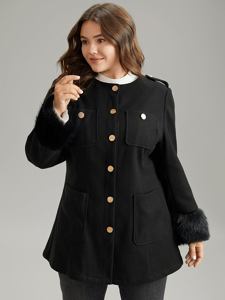 Solid Fuzzy Sleeve Pocket Metal Detail Coat