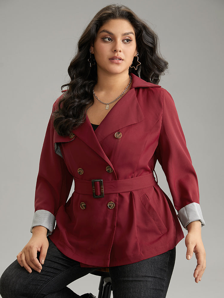 Twill Lapel Collar Belted Button Up Buckle Detail Coat