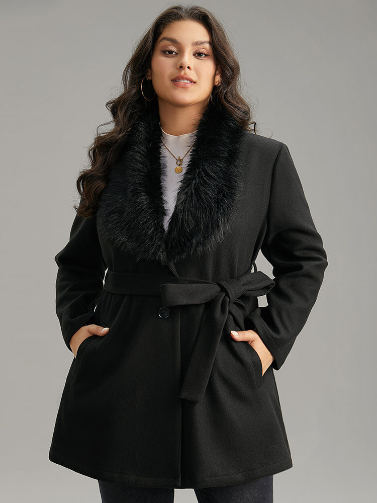 Plain Fuzzy Trim Patchwork Belted Coat