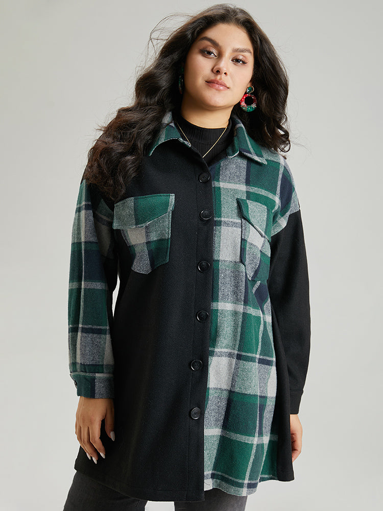 Plaid Contrast Patchwork Pocket Button Up Shacket