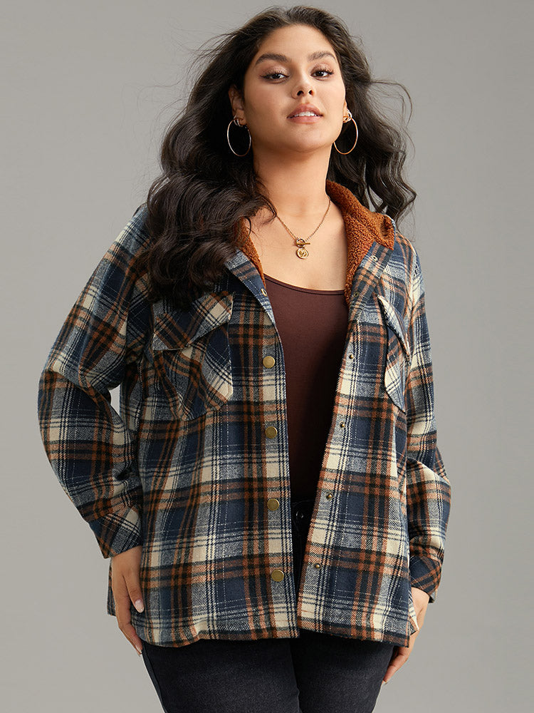 Plaid Patchwork Pocket Button Through Hooded Coat