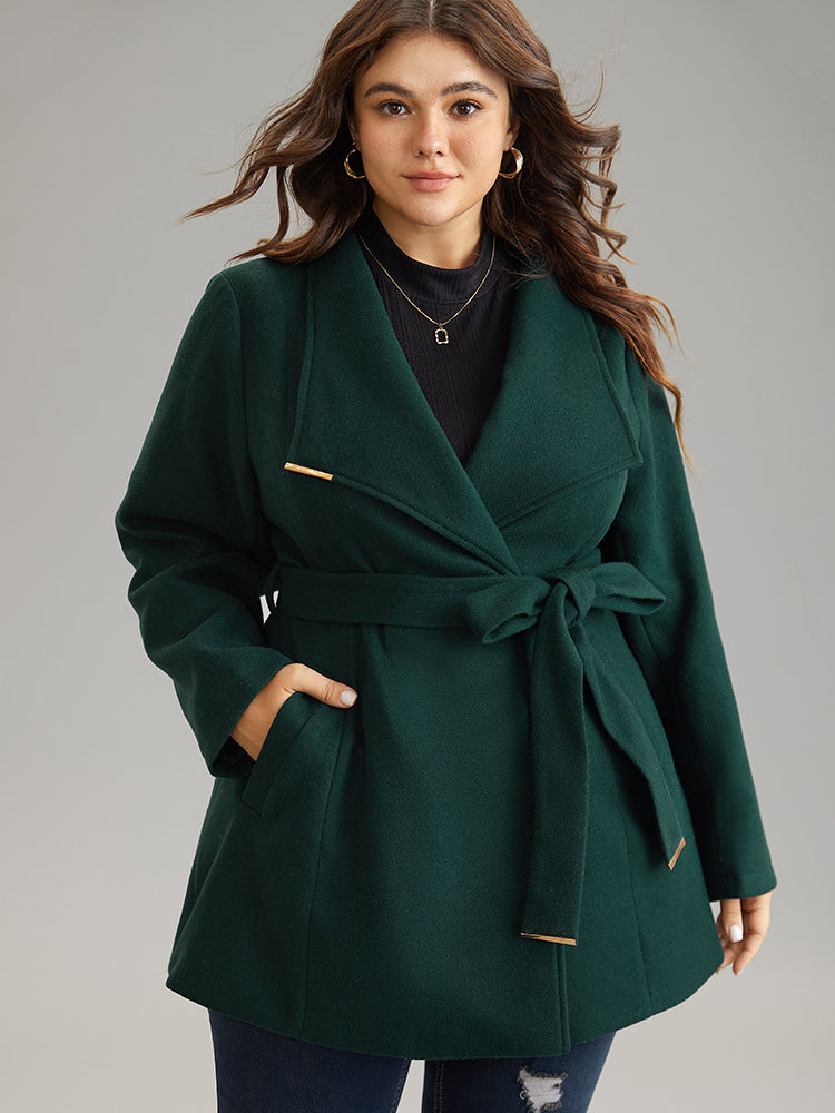 Plain Belted Metal Detail Lapel Collar Woolen Coat