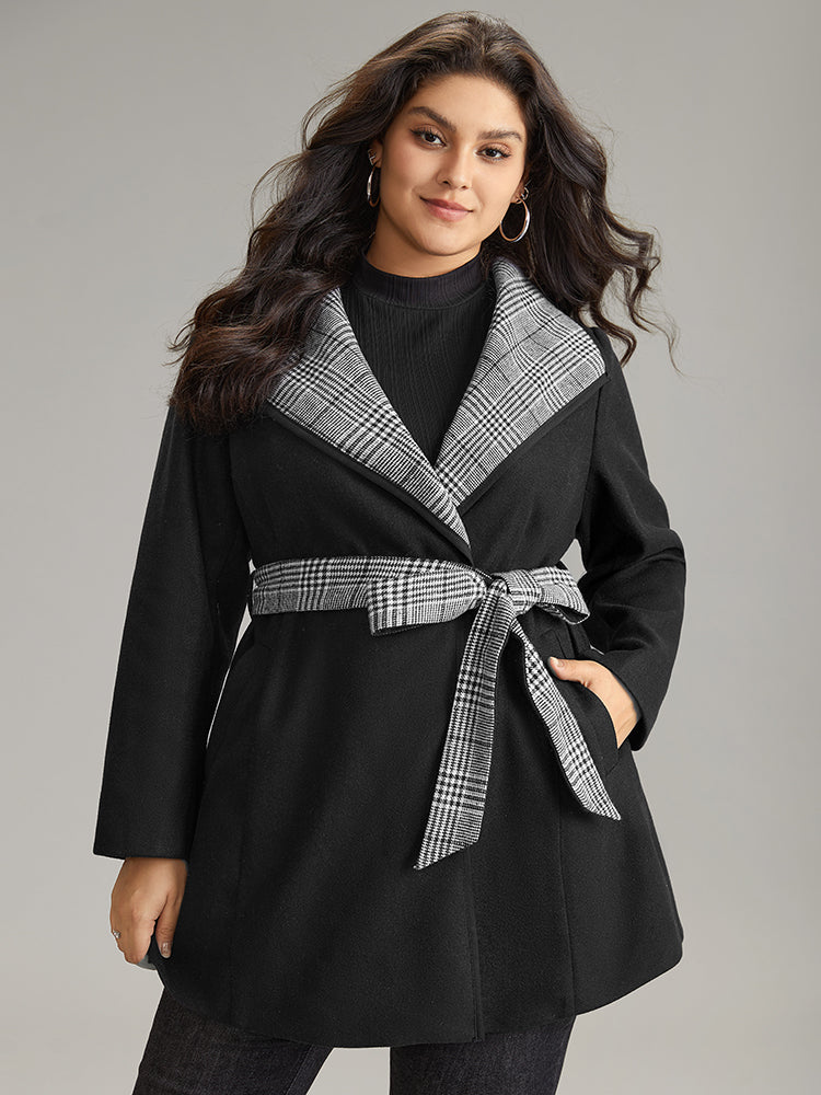 Lapel Collar Patchwork Belted Contrast Woolen Coat