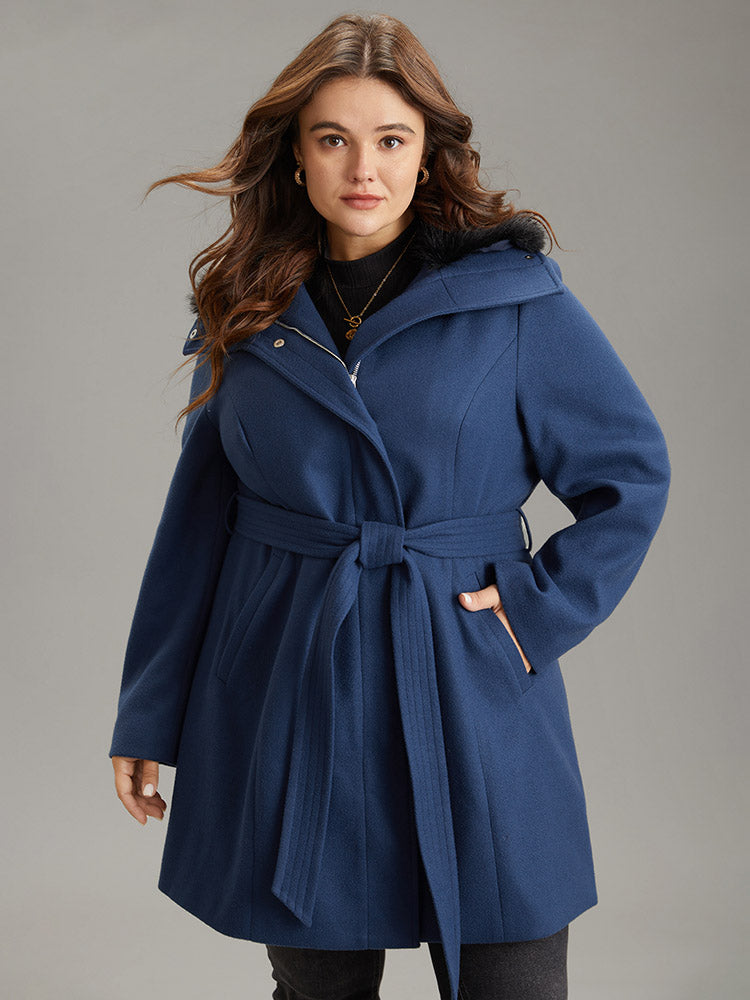 Plain Fuzzy Trim Zipper Belted Woolen Coat