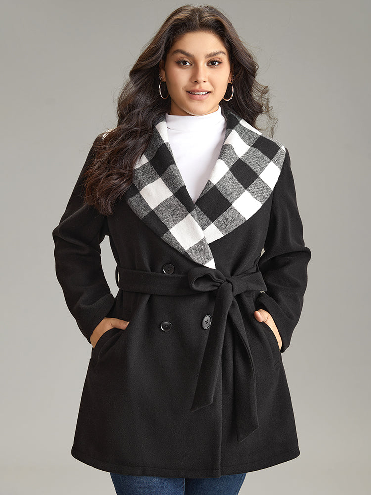 Plaid Woolen Lapel Collar Pocket Belted Coat