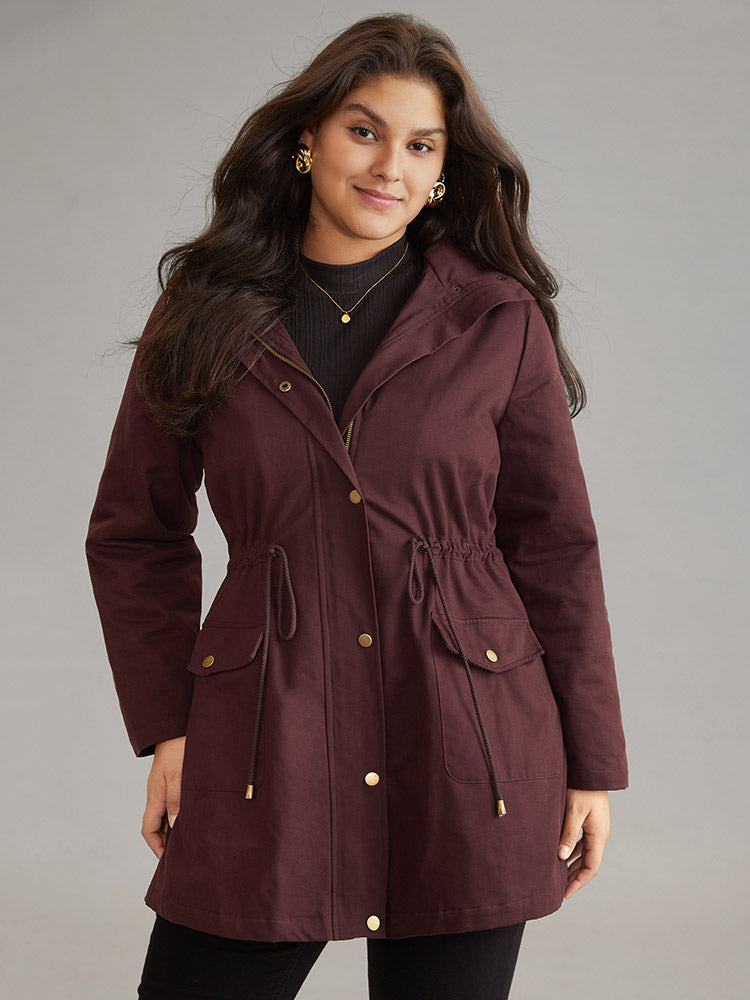 Solid Zipper Drawstring Knot Flap Detail Coat