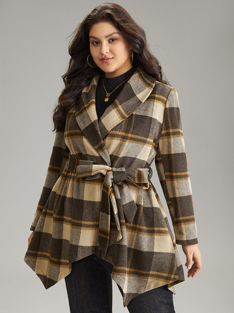 Plaid Belted Lapel Collar Hanky Hem Woolen Coat