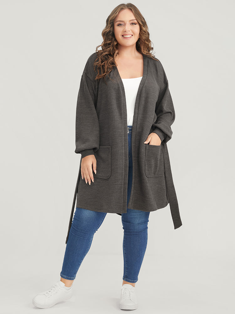 Solid Pocket Belted Open Front Heather Coat