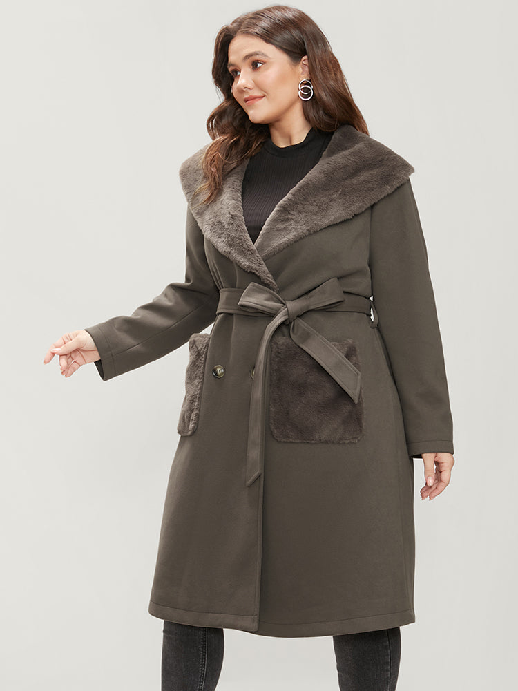 Solid Double Breasted Pocket Lapel Collar Fuzzy Trim Belted Coat