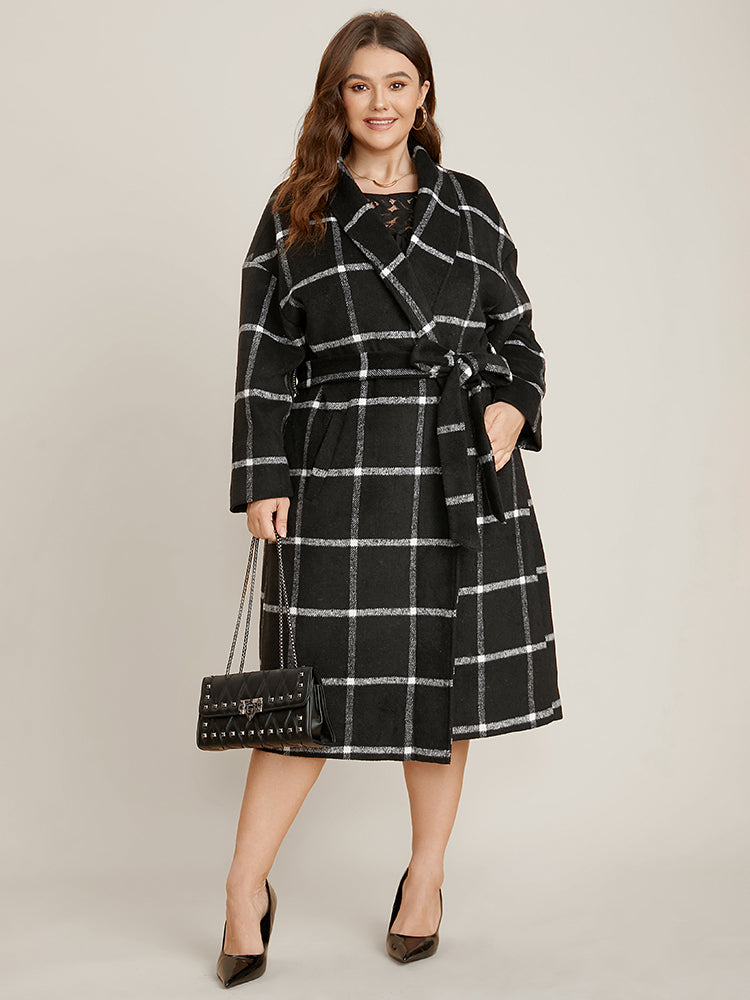 Plaid Lapel Collar Pocket Belted Open Front Coat