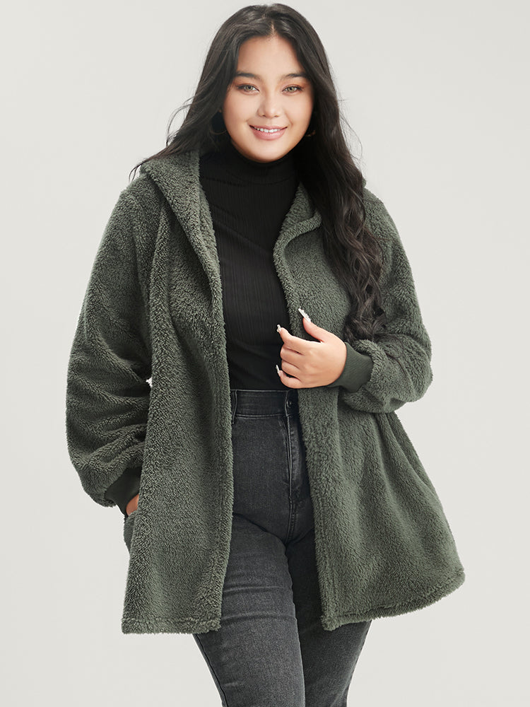 Solid Pocket Open Front Hooded Coat