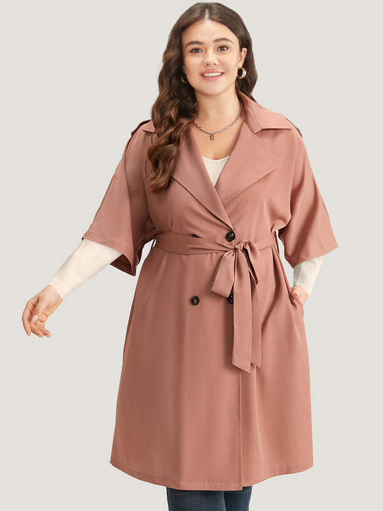 Plain Pocket Button Up Belted Lapel Collar Coat