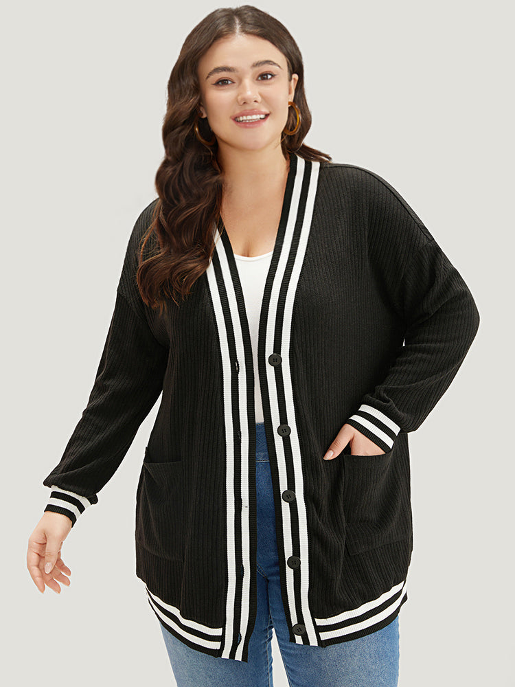 Halloween Patchwork Striped Pocket Button Up Rib Knit Coat