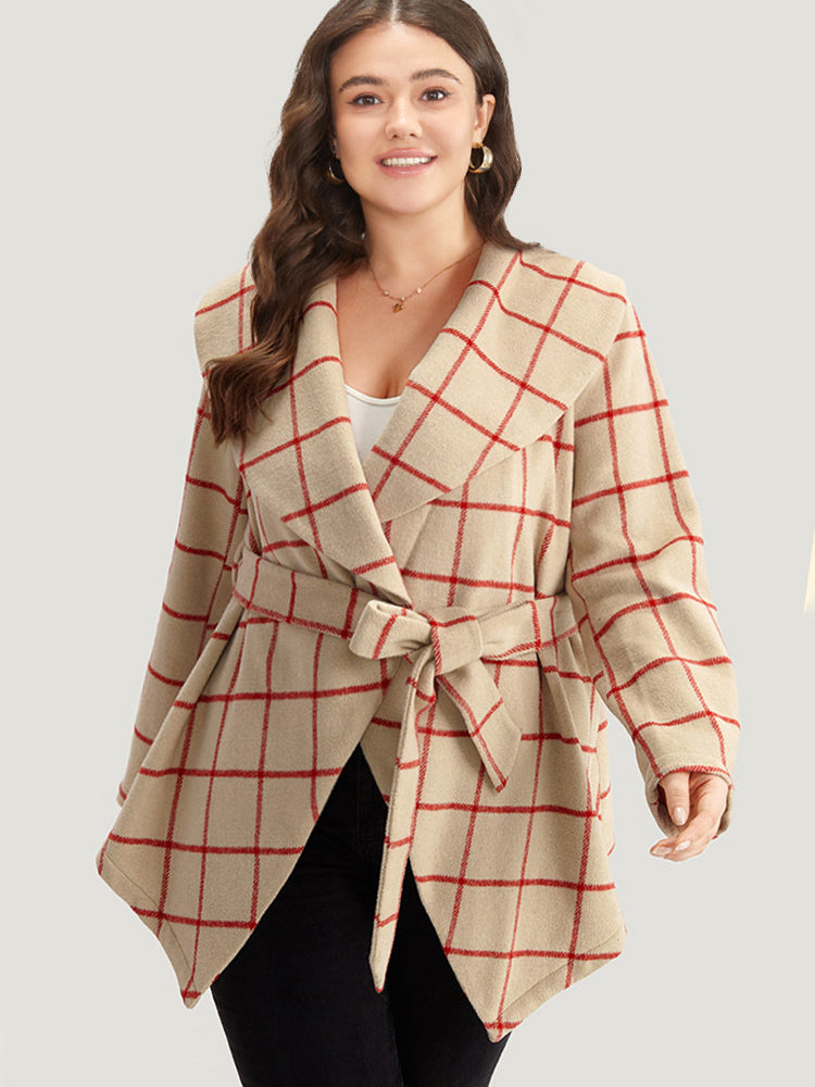 Halloween Plaid Belted Asymmetrical Hem Lapel Collar Coat