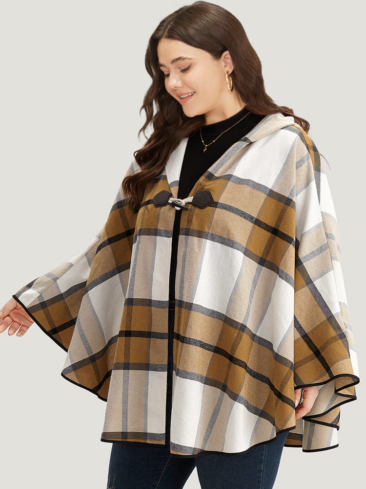 Plaid Duffle Button Hooded Cape Coat