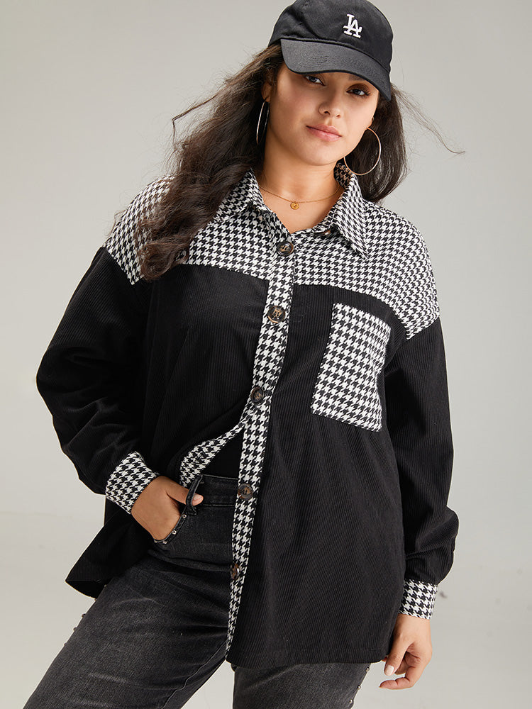 Houndstooth Patchwork Pocket Button Through Corduroy Coat