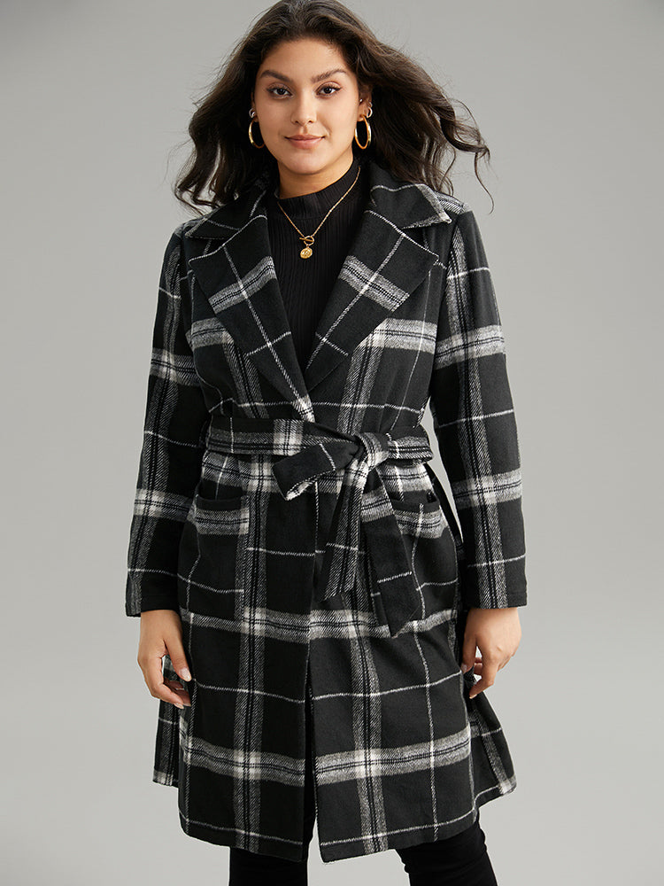 Lapel Collar Plaid Belted Contrast Coat