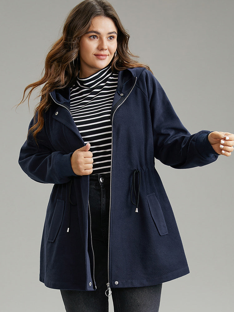 Solid O Ring Zipper Hooded Drawstring Coat