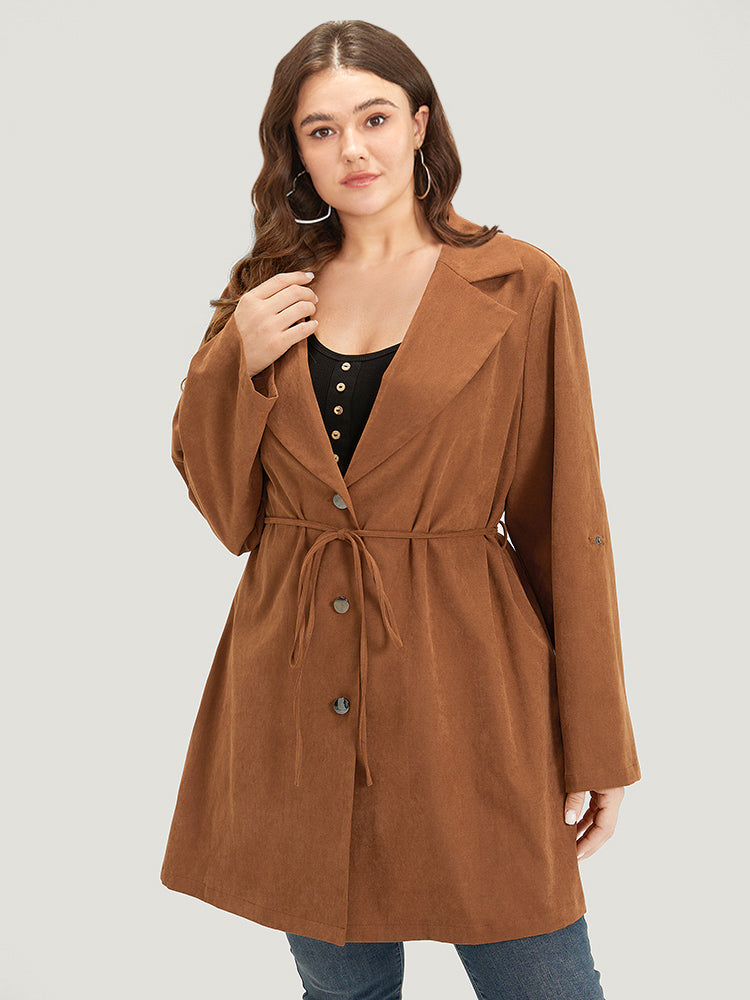 Plain Corduroy Belted Bowknot Roll Tab Sleeve Coat