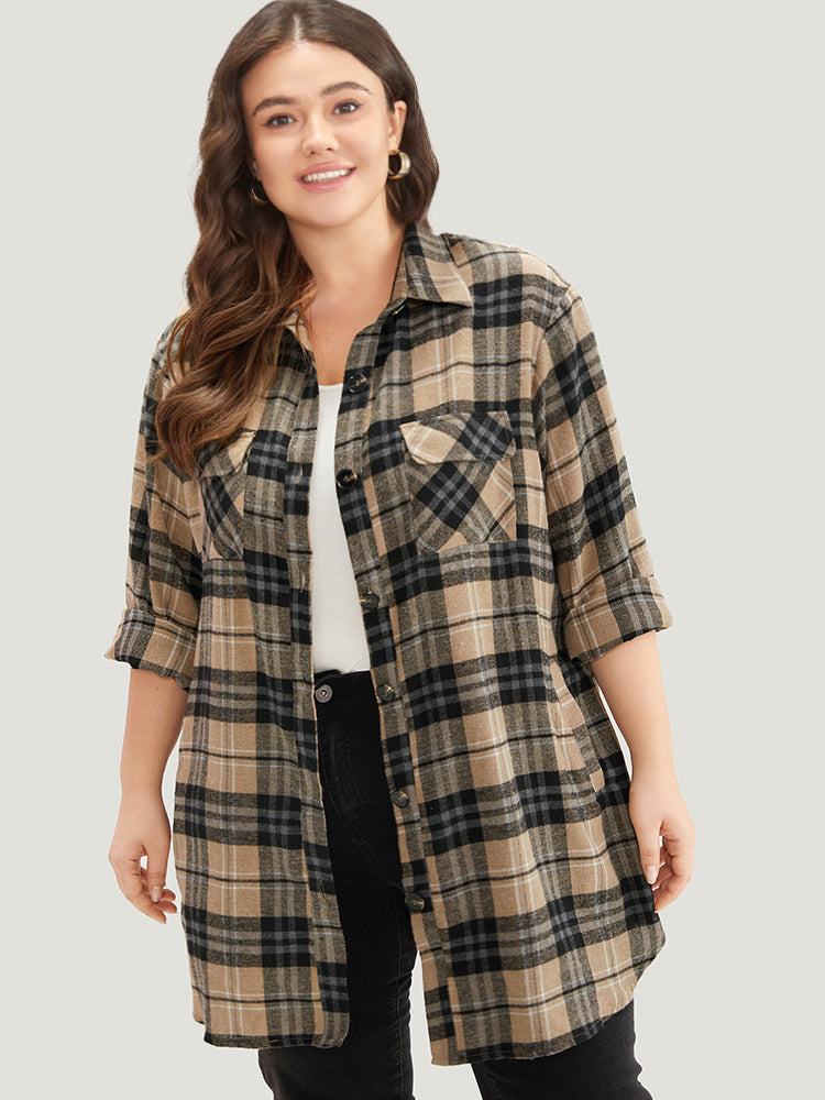 Plaid Flap Pocket Curved Hem Shacket