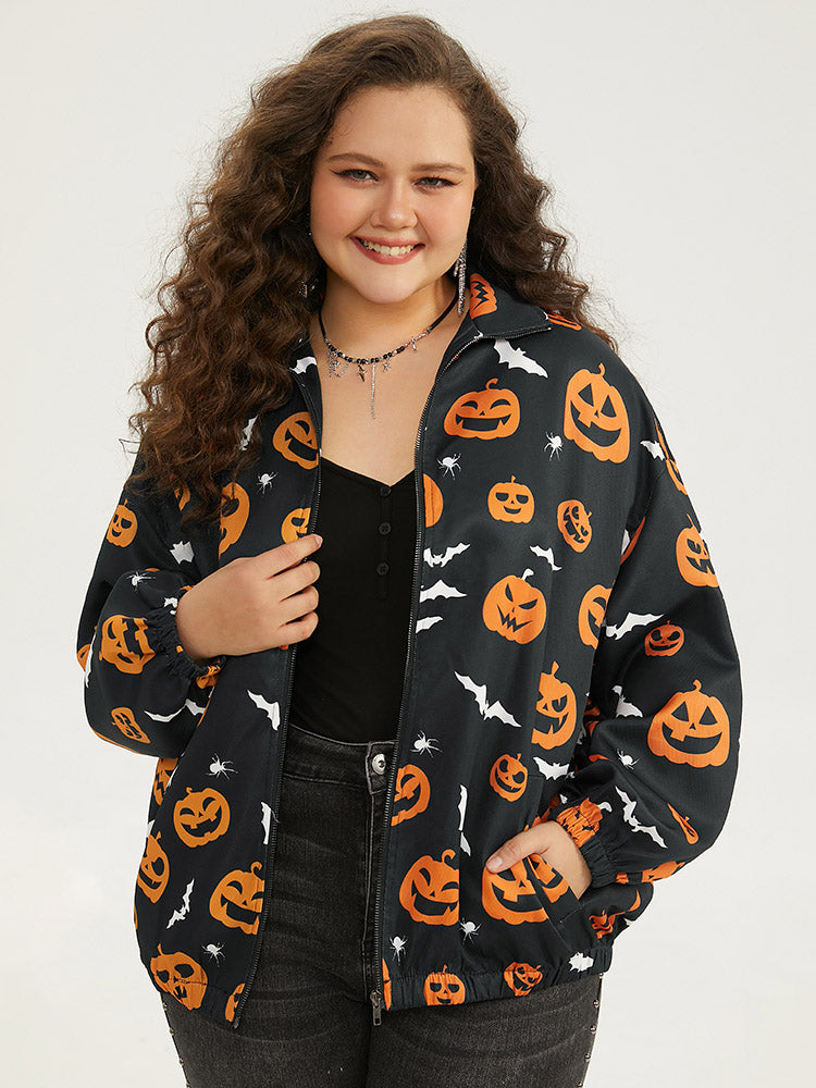 Halloween Graphic Zipper Fly Pocket Coat