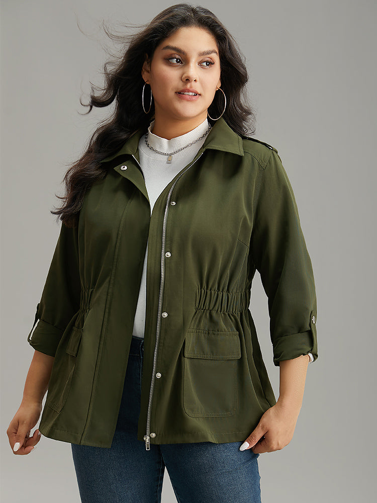 Solid Elastic Waist Zipper Fly Flap Pocket Coat