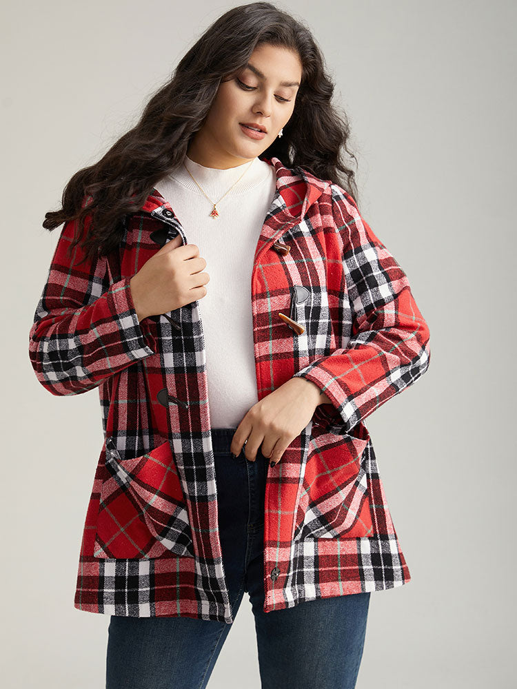 Plaid Hooded Pocket Duffle Button Coat