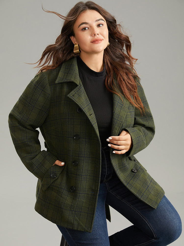 Plaid Lapel Collar Double Breasted Belted woolen Coat