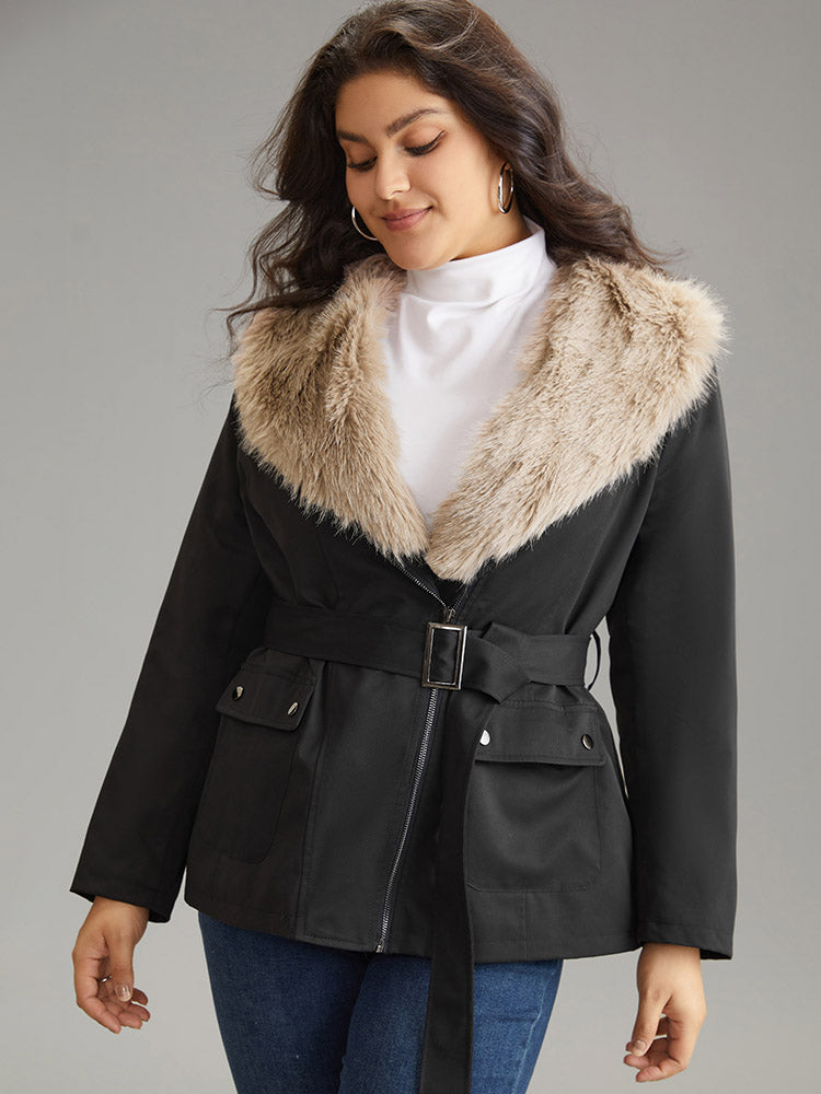 Fuzzy Trim Patchwork Zipper Belted Lapel Collar Coat