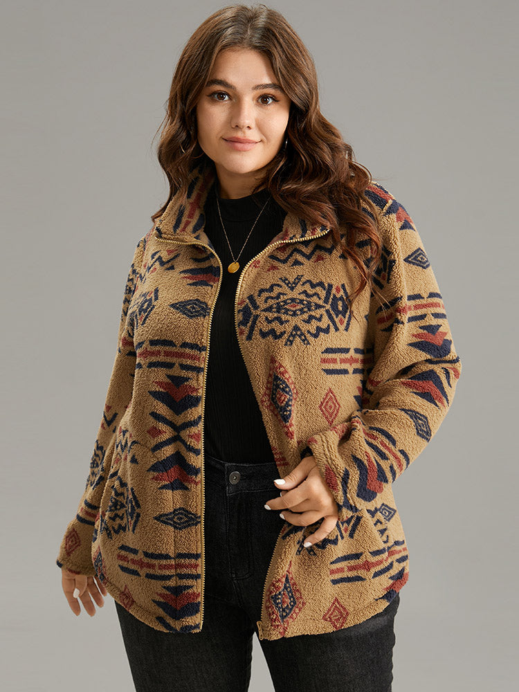 Boho Print Pocket Zipper Teddy Jacket