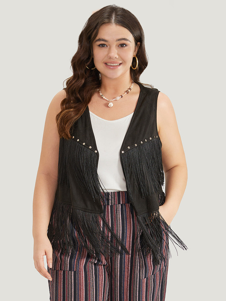 Plain Tassel Trim Rivets Sleeveless Jacket