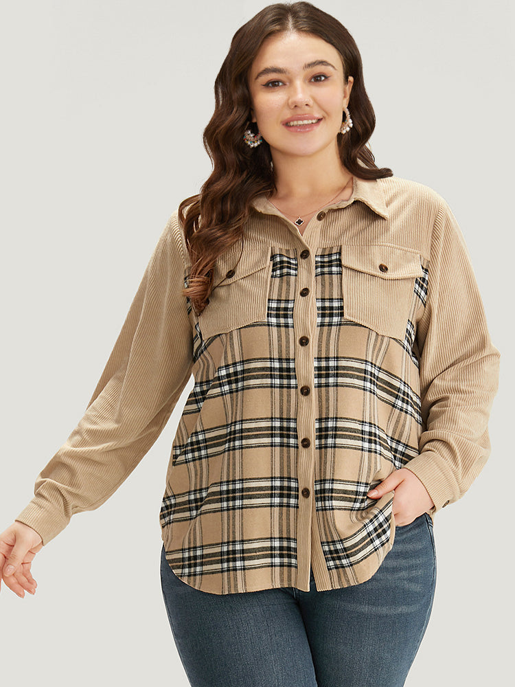 Plaid Pocket Button Through Patchwork Shirt Collar Jacket