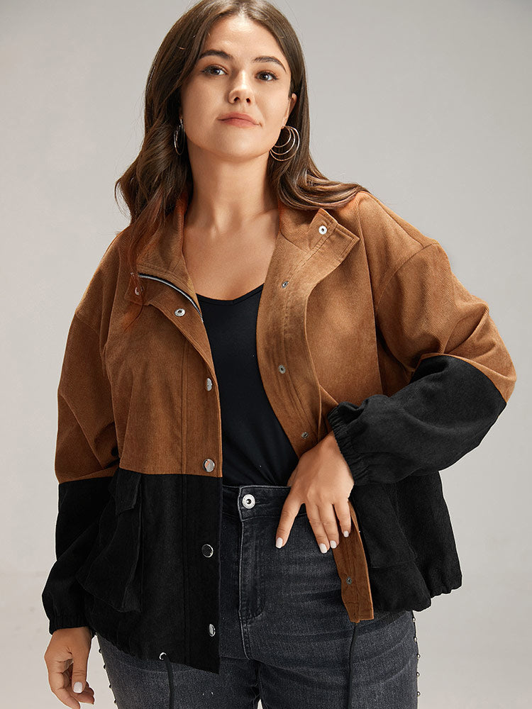 Two Tone Zipper Pocket Button Up Jacket