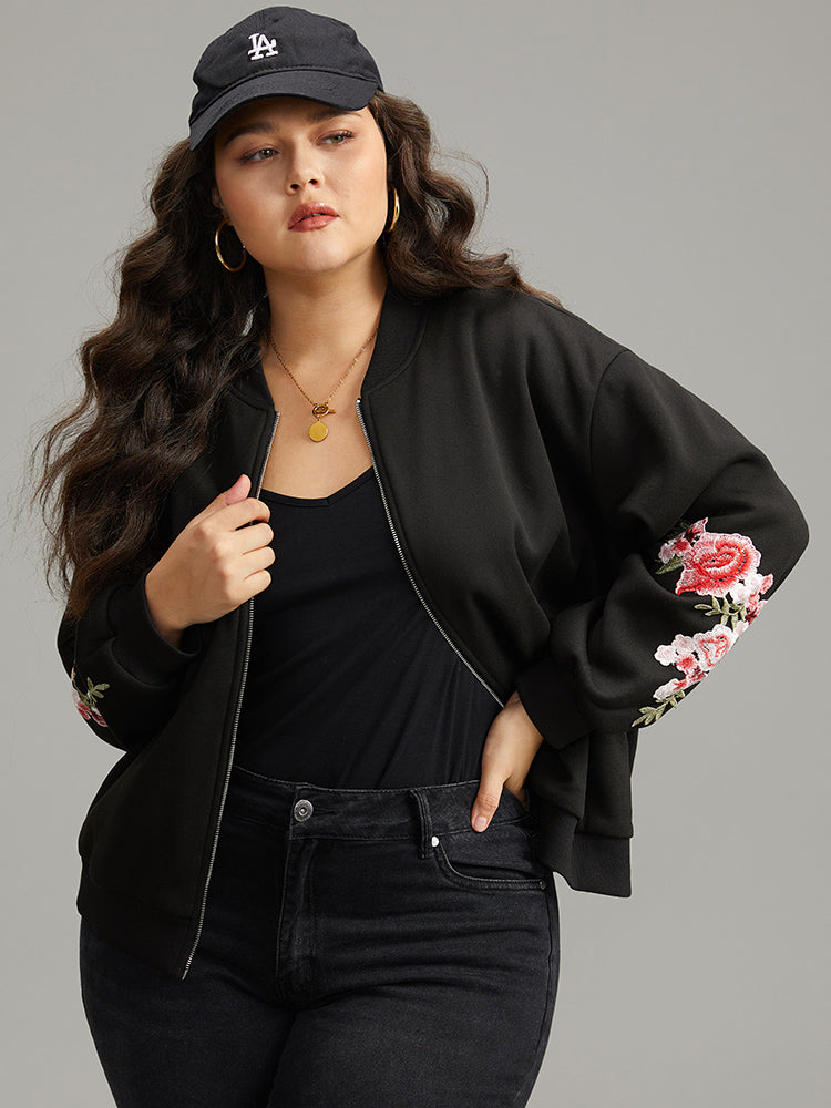 Floral Embroidered O Ring Zipper Jacket