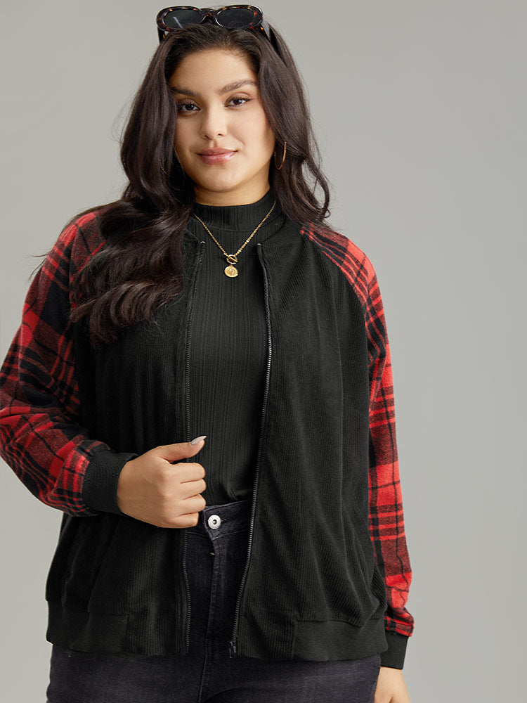 Plaid Patchwork Zipper Pocket Bomber Jacket