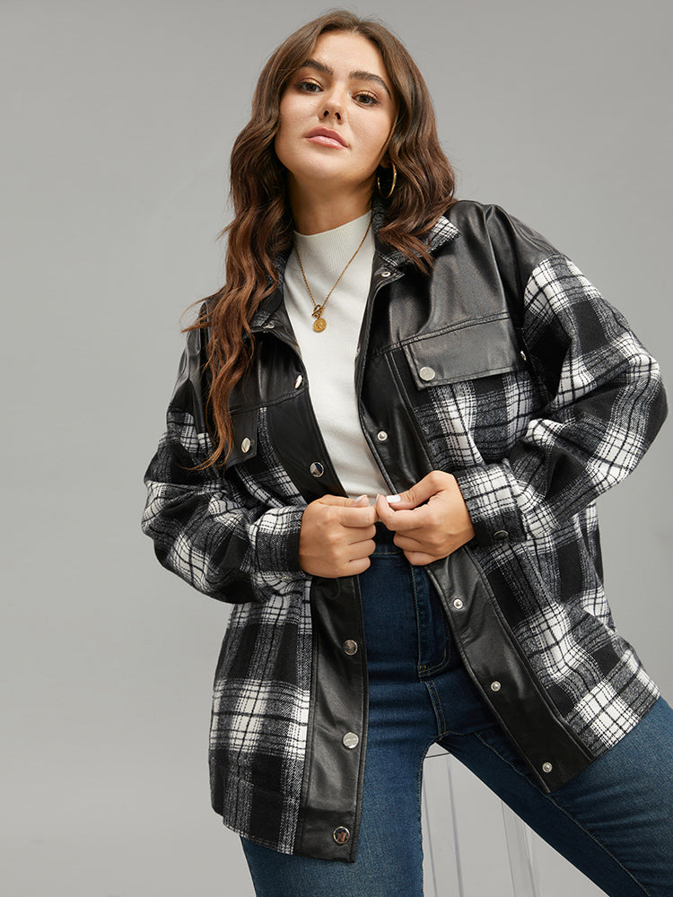 Plaid Patchwork Contrast Button Up Shacket