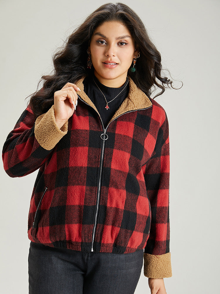 Plaid Patchwork Zipper Contrast Pocket Jacket