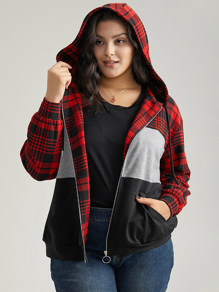 Plaid Contrast Patchwork Drawstring Zipper Jacket