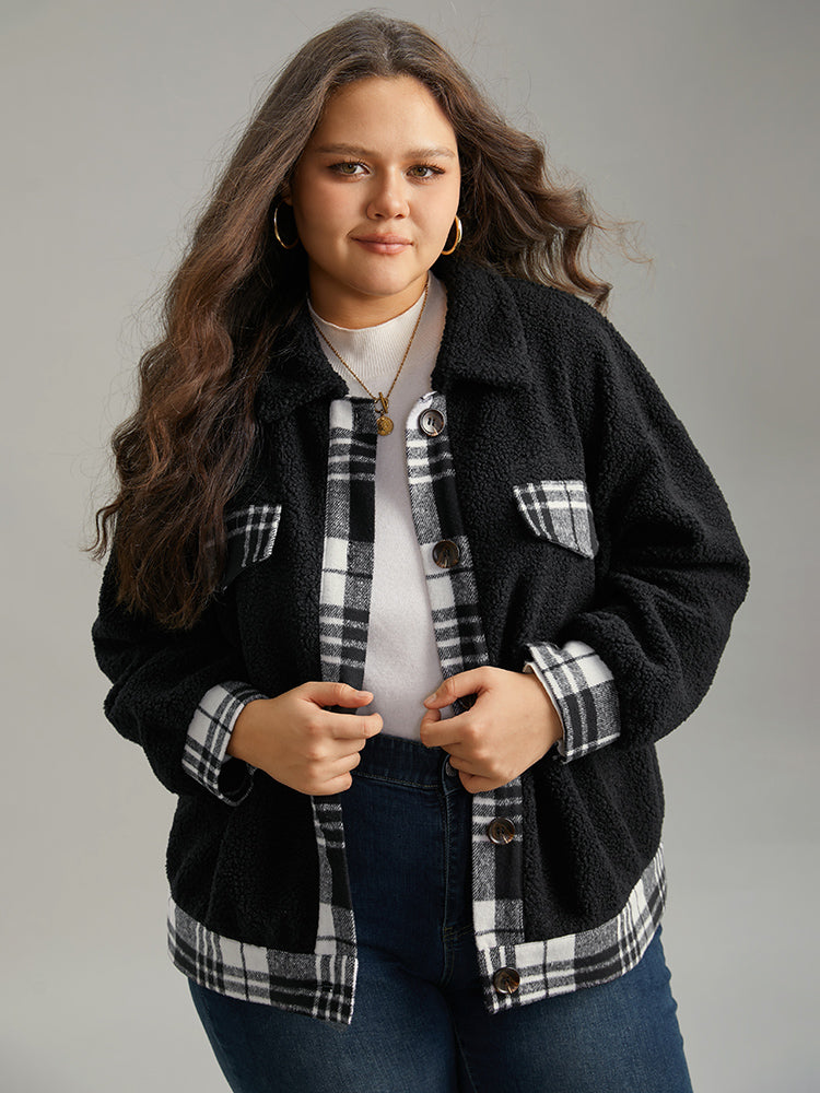 Plaid Patchwork Button Up Teddy Shacket