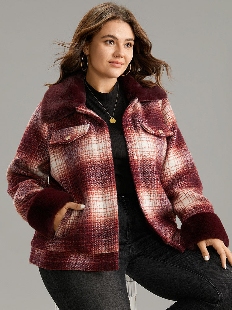 Plaid Patchwork Button Through Fuzzy Trim Woolen Jacket